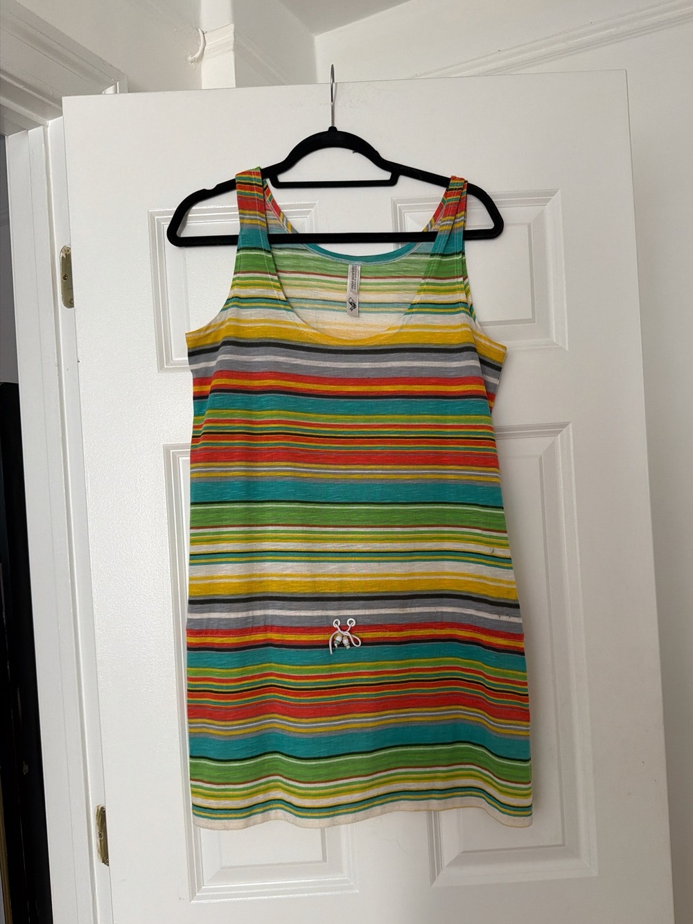 Colorful Striped Mini Dress in Yellow, Teal & Red with Tie Waist